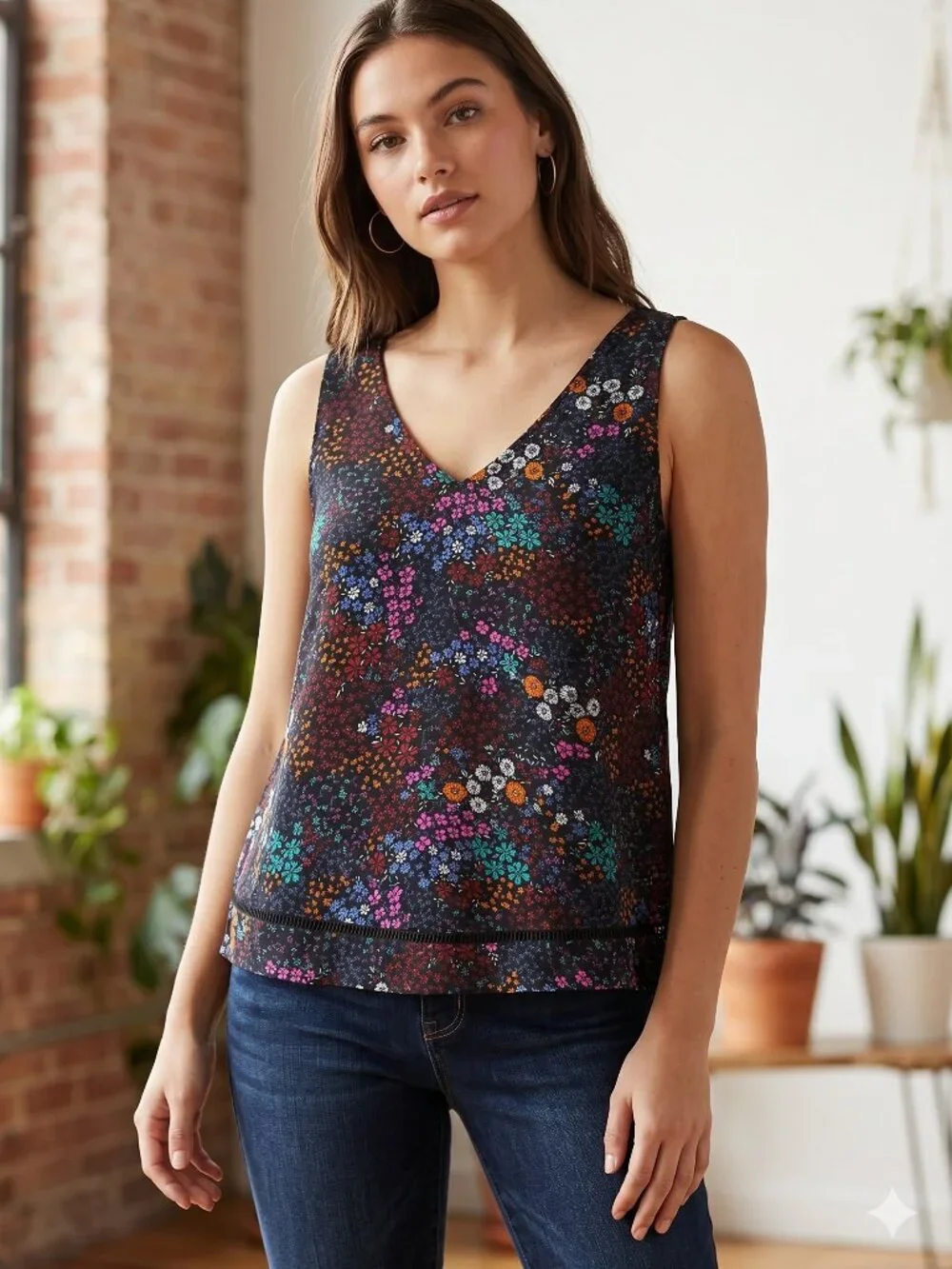 A.N.A‎ Black Multi Micro Floral V-Neck Tank Top Crochet Trim